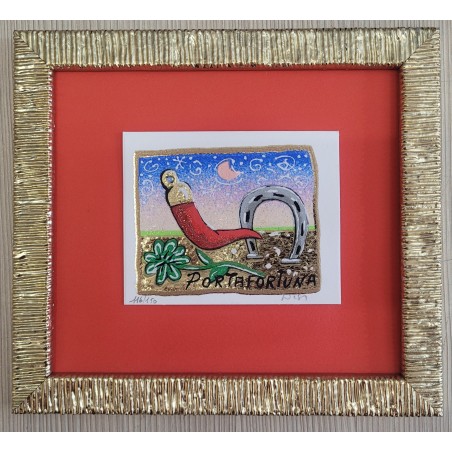 Leo Nisi Serigrafia materica con foglia oro Portafortuna