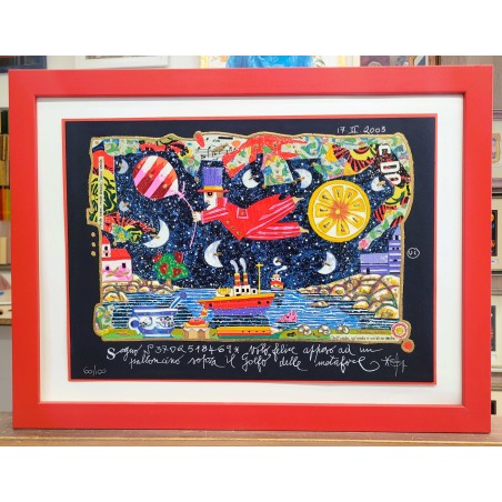 Francesco Musante serigrafia polimaterica  Volo felice appeso ad un palloncino