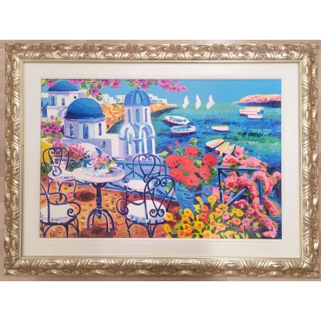 Athos Faccincani  Serigrafia   Tre vele all'orizzonte e luce a Santorini