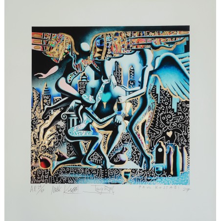 Mark Kostabi - Paul Kostabi - Tony Esposito  Fine Art  Giclée  ritoccata con interventi in oro Convergenza