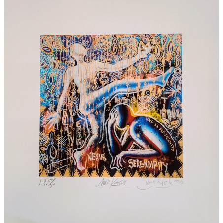 Mark Kostabi - Tony Esposito  Fine Art  Giclée  ritoccata con interventi in oro Serendipity